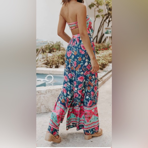 Strapless Navy Mixed Print Jumpsuit - Picture 3 of 5